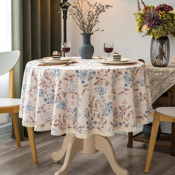 Rustic Tablecloth Classic Plant Printed Cotton-Blend Fabric Table Cover Farmhouse Decoration 60 Inches Round Blue for Kitchen Dining