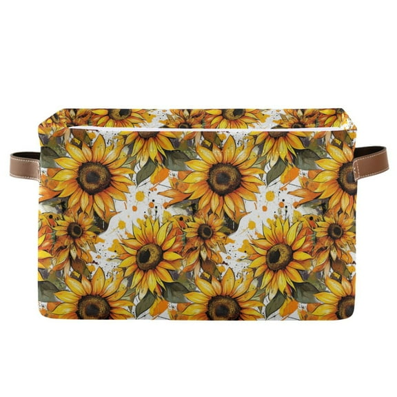WOBOGO Gorgeous Sunflowers Square Storage Basket with Waterproof Canvas and PE Lining Durable PU Leather Handles 14.2×10.2×8.3in