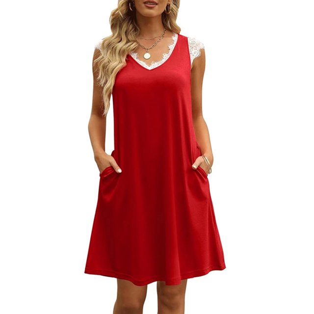 Vestido casual de verano con cuello en V,Vestido con cuello en V para mujer Vestido cosido de encaje Vestido corto casual con cuello en V Construido para el futuro