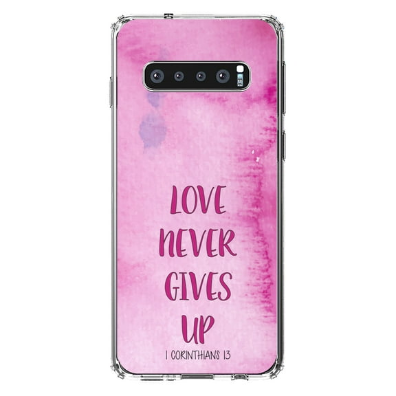 DistinctInk Clear Shockproof Hybrid Case for Samsung Galaxy S10 (6.1" Screen) - TPU Bumper, Acrylic Back, Tempered Glass Screen Protector - 1 Corinthians 13 - Love Never Gives Up - Christ