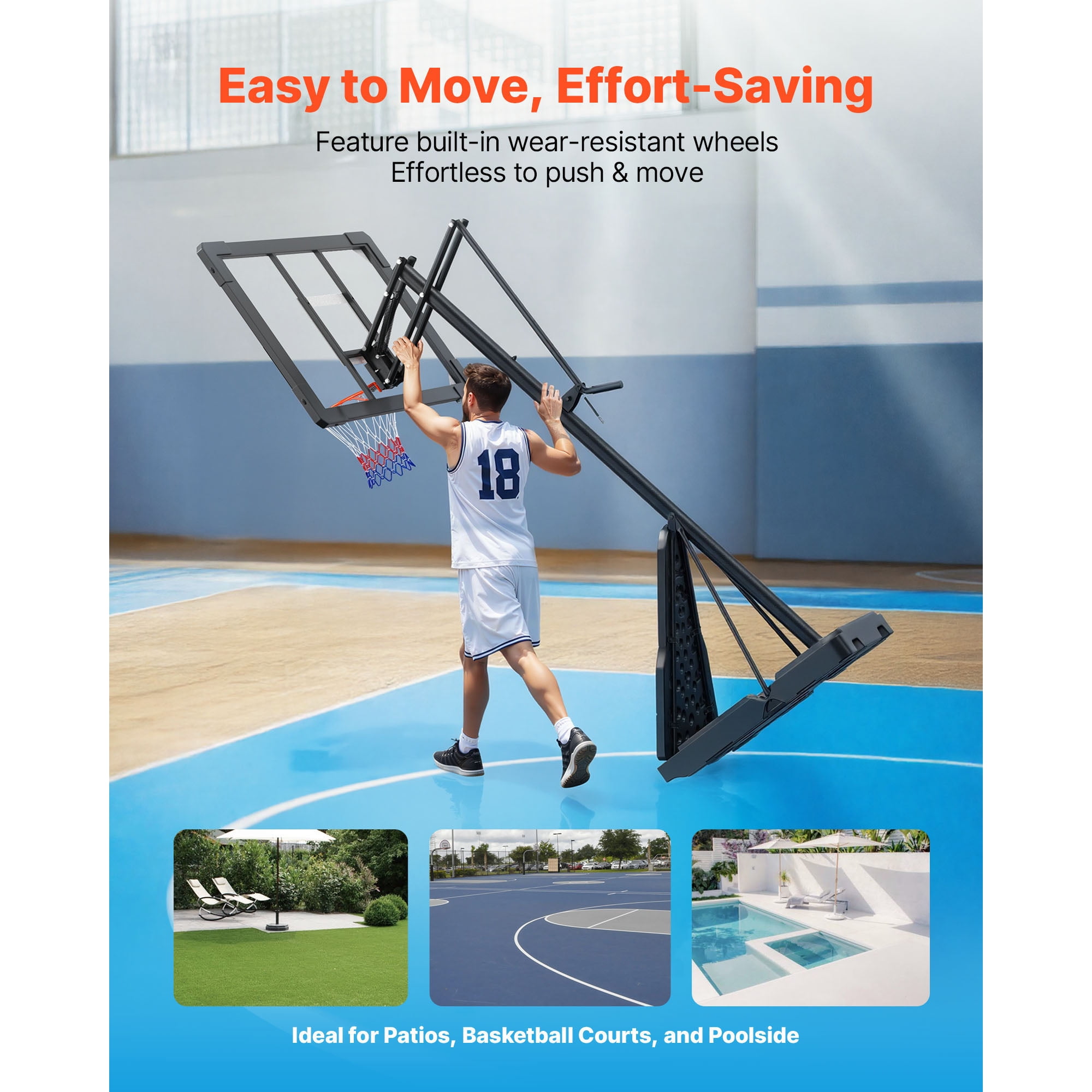 KFFKFF Portable Basketball Hoop with Adjustable Height (8.04 to 10 ft), 44-Inch PC Backboard for Indoor and Outdoor Play, Suitable for Kids and Adults in Schools, Parks, and Home Settings