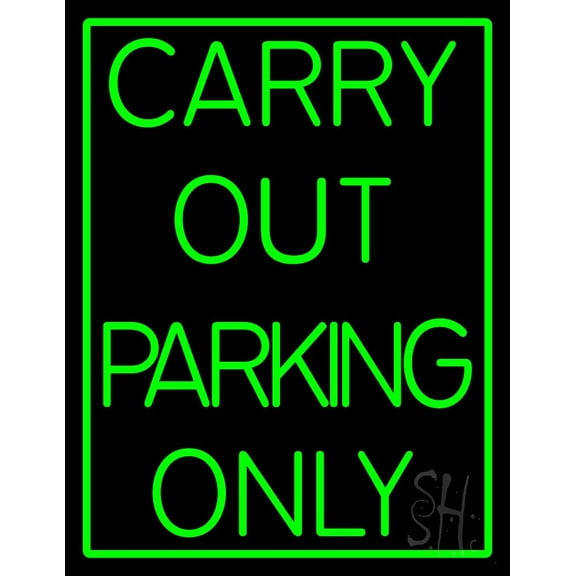 Carry Out Parking Only LED Neon Sign 24 x 31 - inches, Black Square Cut Acrylic Backing, with Dimmer - Bright and Premium built indoor LED Neon Sign for restaurant window and interior decor.