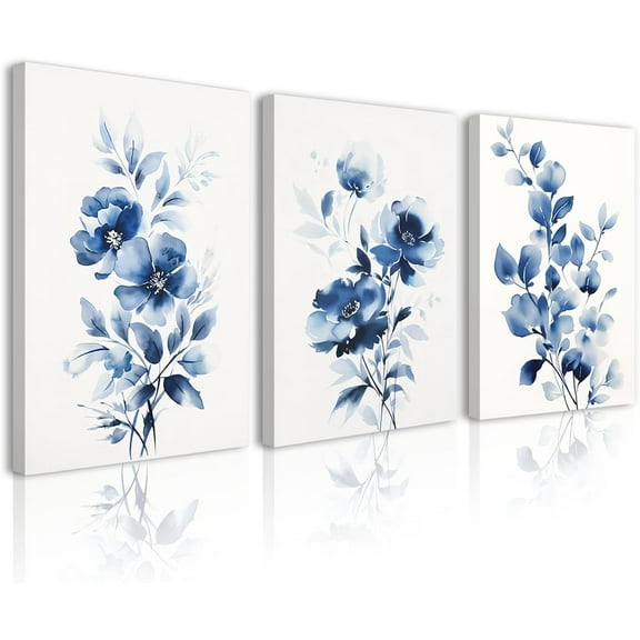 3 Piece Blue and Gold Flower Canvas Wall Art Floral Painting Picture Abstract Modern Flower Picture Poster for Living Room Bathroom Home Framed Decor(FL-2,11"x14"×3)