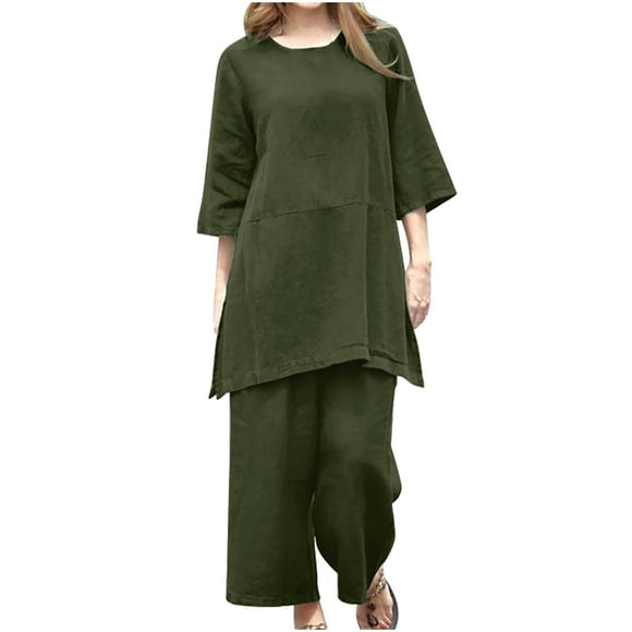 Yuyuzo Women's Two Piece Cotton Linen Half Sleeve Oversized Top Wide Leg Pants Matching Lounge Sets