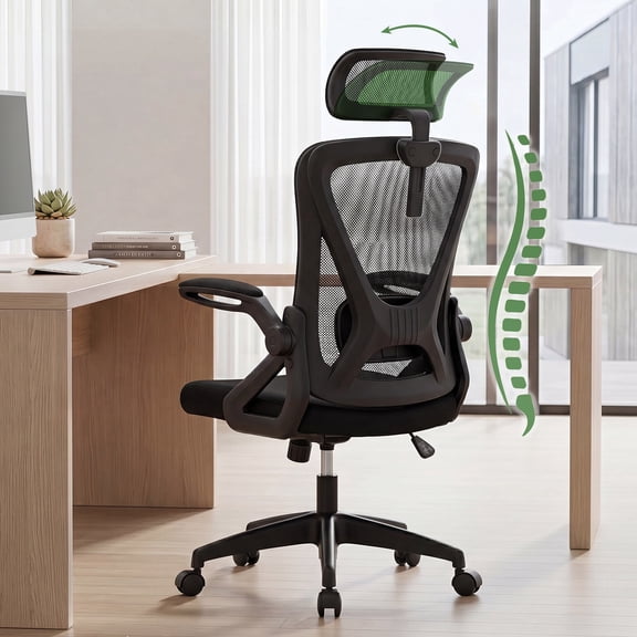Mesh Office Chair, Ergonomic Rolling Swivel Desk Chairs with Lumbar Support, High Back Desk Chair with Headrest, Comfy Computer Chair for Home, Office, Bedroom, Study, Student (Black)