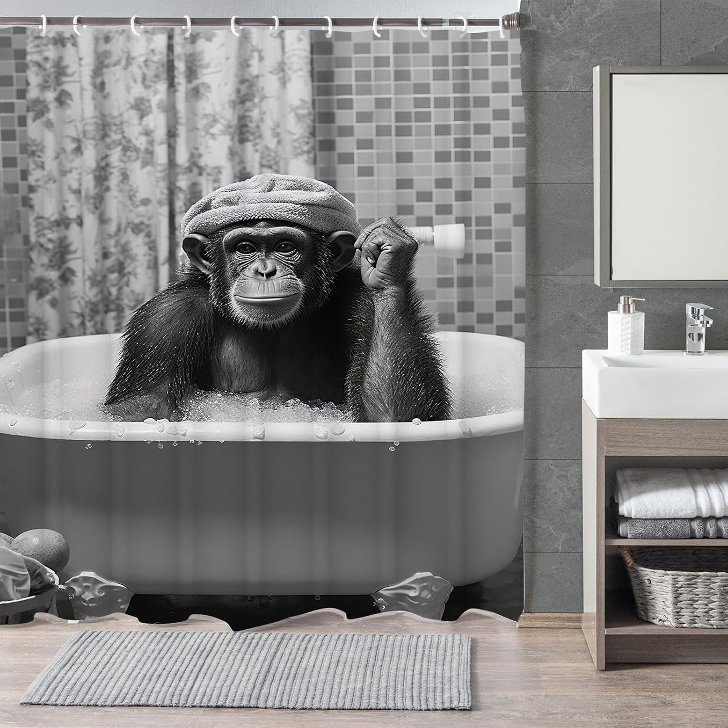Funny Monkey Shower Curtain, Black and White Fun Animal in Bathtub, 72x72 Humorous Shower Curtain Set, Gray Style Bathroom Decor Curtain with Shower Hooks 36X72inches