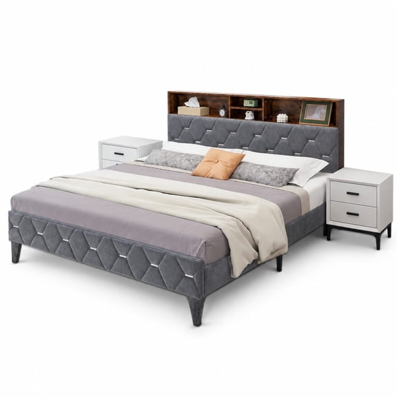 Queen Size Bed Frame with Storage Headboard, Modern Upholstered Platform Bed with 4 Shelves and Hidden Space, Sturdy 12 Slats Support, No Box Spring Needed, Mattress Foundation