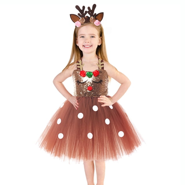 Vestido de reno navideño para niños, lindo y exquisito vestido de velo de ambiente festivo