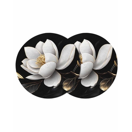 Gorgeous Flowers Round 13 Inch Placemats Set of 2 White Gold Floral Botanicals Black HeatResistant Non Slip Place Mats for Dining Table Wipeable Braided Kitchen Table Mats for Housewarming