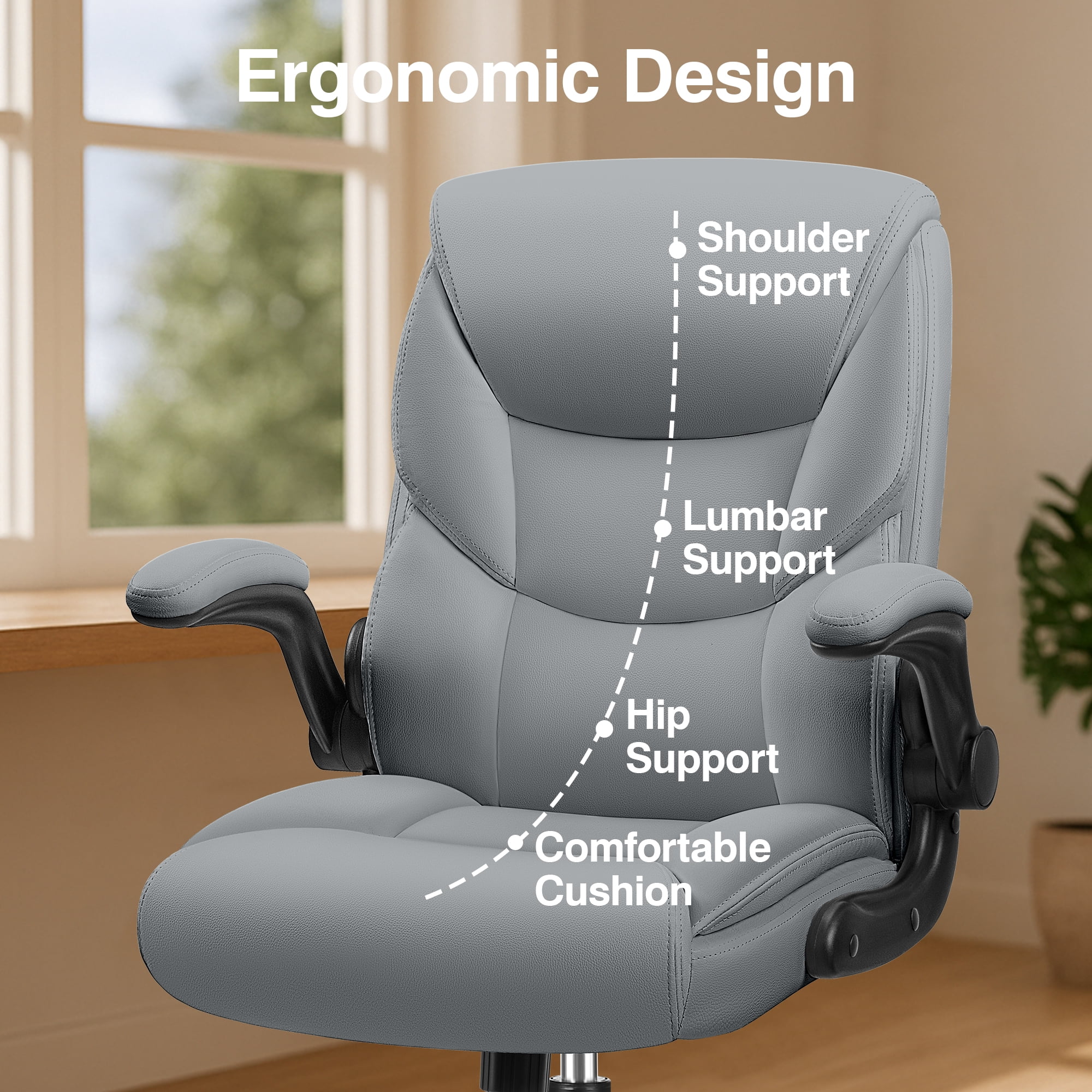 Primy Compact PU Leather Office Chair - Ergonomic Adjustable Height Computer Desk Chair with Flip-Up Armrests, Mid-Back Executive Swivel Chair on Wheels for Small Spaces & Petite Users, Gray