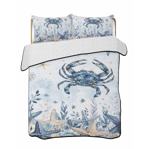 Quilts King Size Bedding Set, Blue Crab Coastal Lightweight Quilted Comforter, Beach Starfish Nautical Coral Ombre Soft Reversible Bedspread Coverlet with Pillow Covers for All Season, 96" x 106"