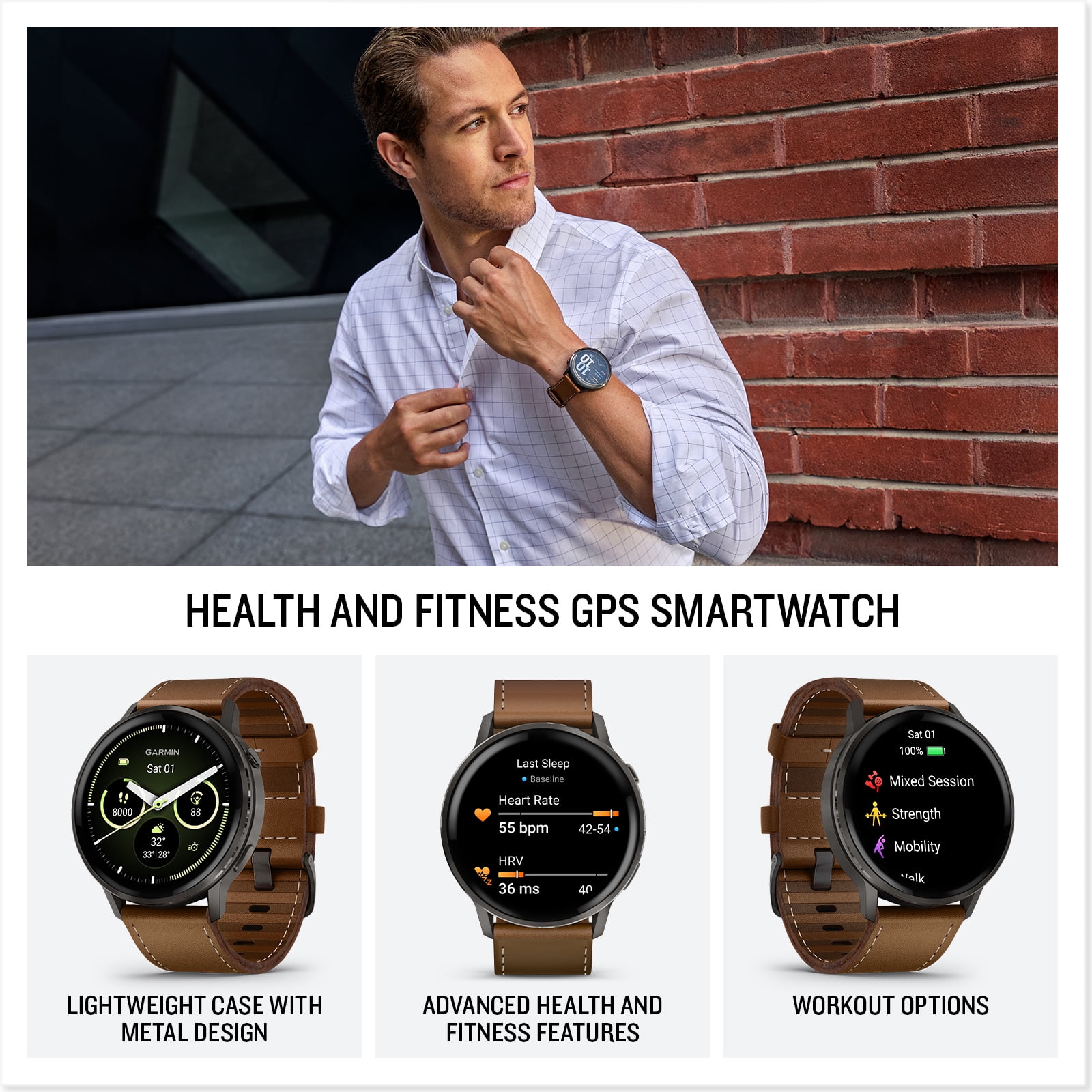 Garmin Venu 4 (Slate/Black/Brown Leather, 45mm) Fitness GPS Smartwatch Bundle with PlayBetter Portable Charger & HD Screen Protectors