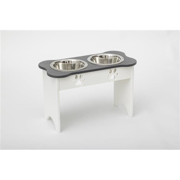 2 qt. 15 in. Tall High Double Poly Wood Dog Bowl with 2 Stainless Steel Bowls, Dark Gray Top & White Base
