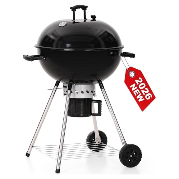 22 inch Kettle Charcoal BBQ Grill with Wheels, Portable Charcoal Grill with Porcelain-Enameled Lid & Catcher for Outdoor Cooking Barbecue Camping Picnics Tailgating, Black
