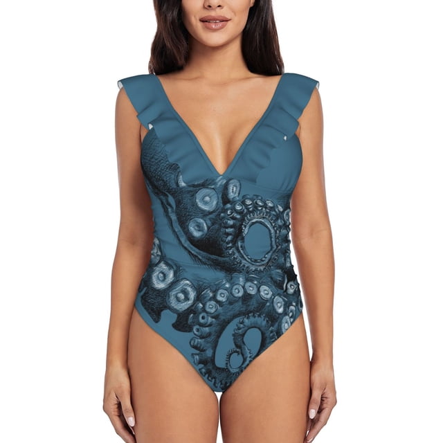 Octopus Tentacle Two-T Drawing One Piece Swimsuit Women Ruffle Monokini Shoulder Swimsuit Bathing Suit Swim Wear Octopus