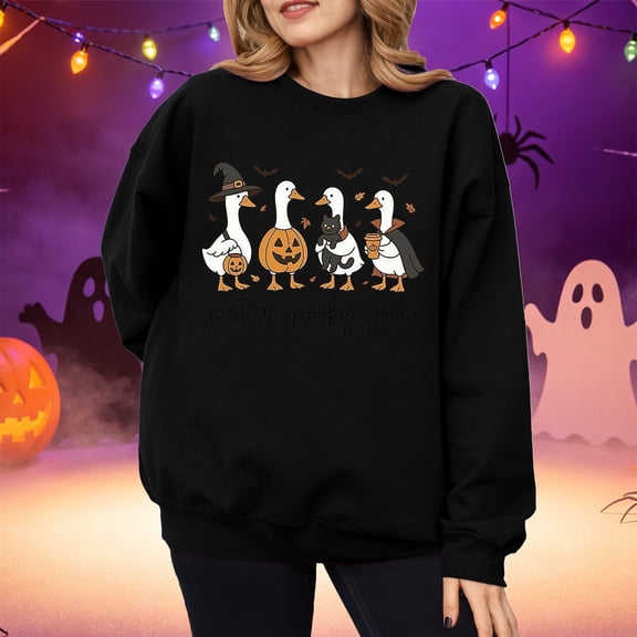 Womens Crew Neck Sweatshirts Spooky Goose Graphic Print Pullover Top Halloween Vintage Streetwear Fall Spring Outfits Black L