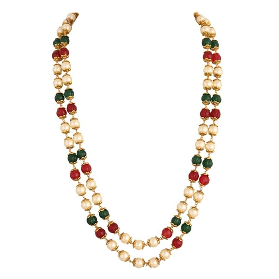 Ratnavali Jewels Red Green White color Pearl Beads Stone Dual Strand Fashion Necklace Women