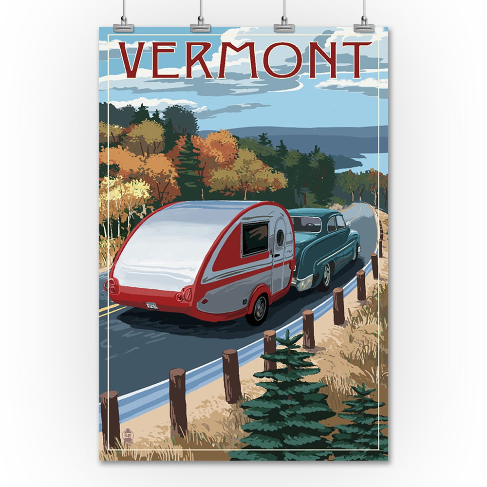 Vermont Retro Camper on Road 36x54 Giclee Gallery Print, Wall Decor Travel Poster 