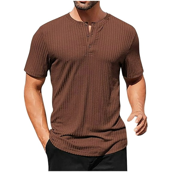 CHEEREAM Men's Ribbed Henley Shirt Slim Fit Muscle Shirt Fitted Cotton Short Sleeve Casual T-Shirt Brown 3XL