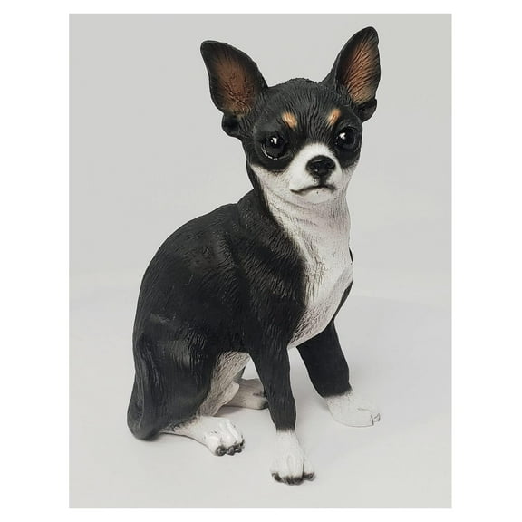 CHIHUAHUA Black White Dog Sits FIGURINE Resin DF06A