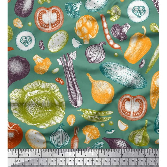 Soimoi Green Rayon Fabric Mixed Vegetable Print Fabric by Yard 56 Inch Wide