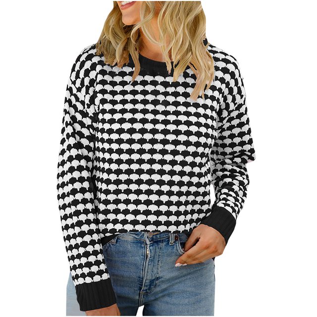 Pulls Col en V pour Femmes Hauts à Manches Longues Tricotés Chandail Col Rond Chandail Ample pour Femmes P-182 Noir TG