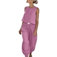 thumbnail image 2 of Chbgutlmr Womens Cotton Linen Sets Sleeveless Crew Neck Crop Tank Tops Cinch Bottom Elastic Waist Joggers Casual Loose Summer 2 Piece Outfits, 2 of 9