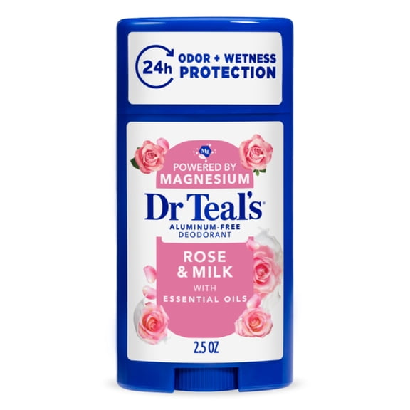 Dr Teal's Aluminum Free Deodorant, Rose & Milk with Essential Oils, 2.5 oz