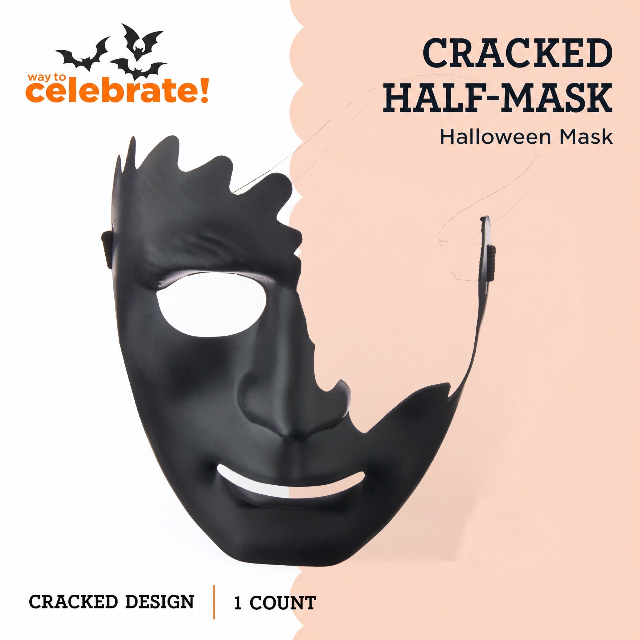 Cracked Half-Mask Costume Accessory for Adults, Black, Halloween by Way To Celebrate