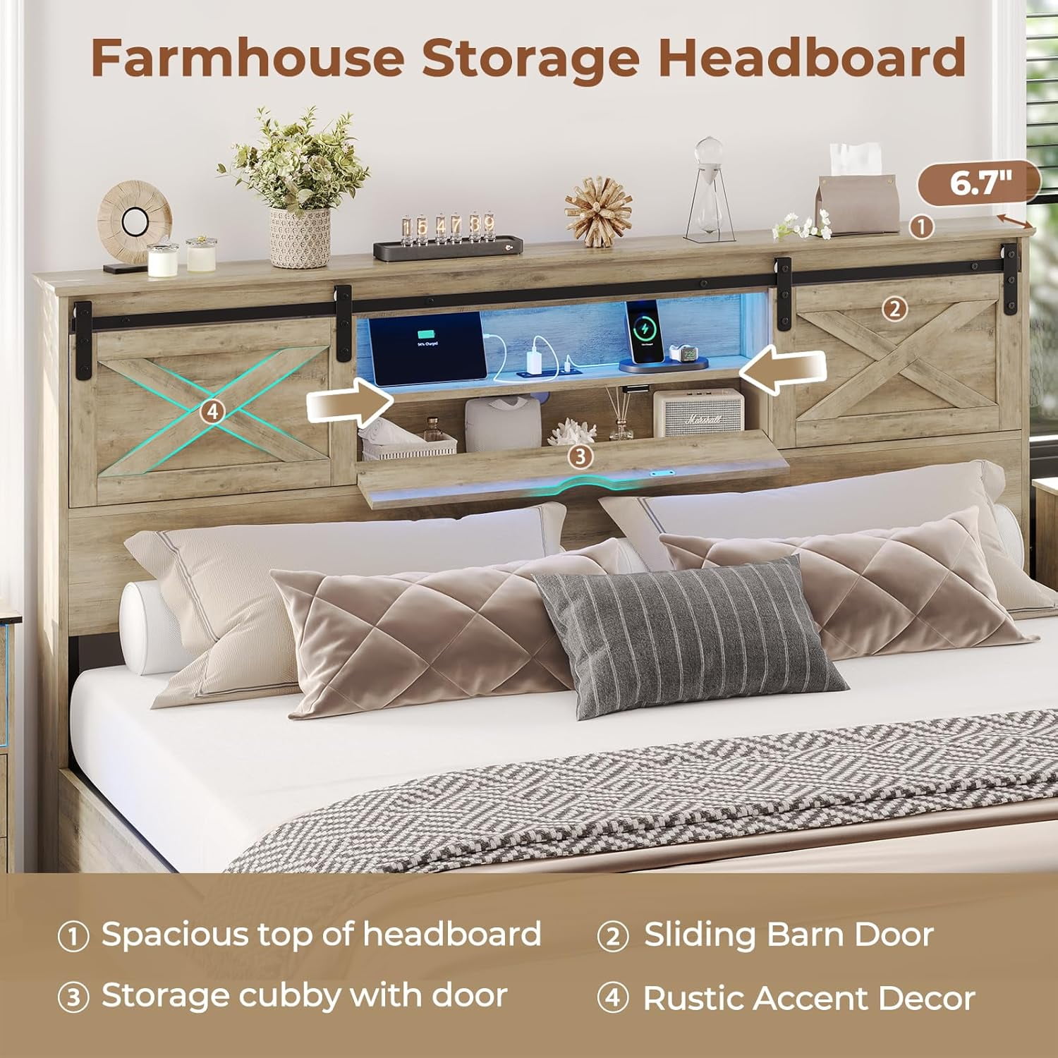 Farmhouse California King Size Bed Frame with LED Lights, Charging Station, Wooden California King Bed with Storage Bookcase Headboard, 2 Drawers, Country Rustic Bed Frame with Sliding Barn Door,Gray