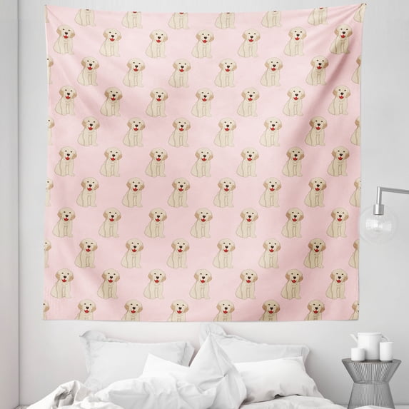 Yellow Lab Tapestry, Funny Pastel Pattern Funny Labrador Puppies Smiling Happy Animal, Fabric Wall Hanging Decor for Bedroom Living Room Dorm, 5 Sizes, Baby Pink Beige Vermilion, by Ambesonne