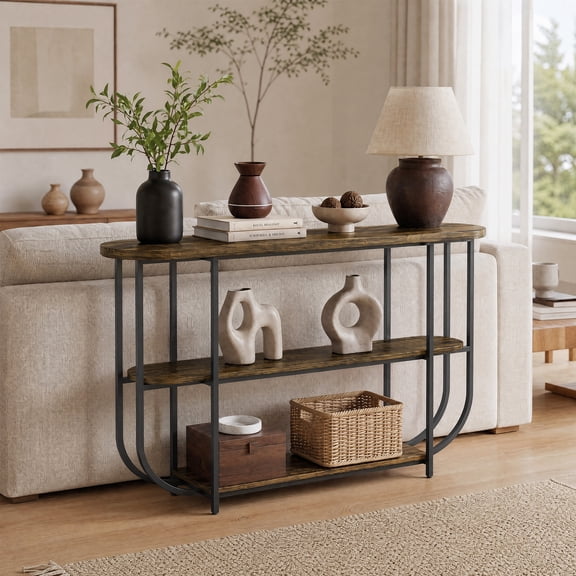 Finmind 3-Tier Entryway Table, 63 inch Narrow Console Table with Curved Metal Frame for Entrance, Living Room & Hallway, Rustic Brown