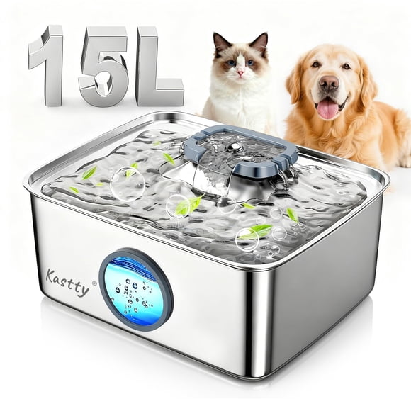 Fuente de agua para perros Kastty de acero inoxidable de 15 l/4 galones con LED