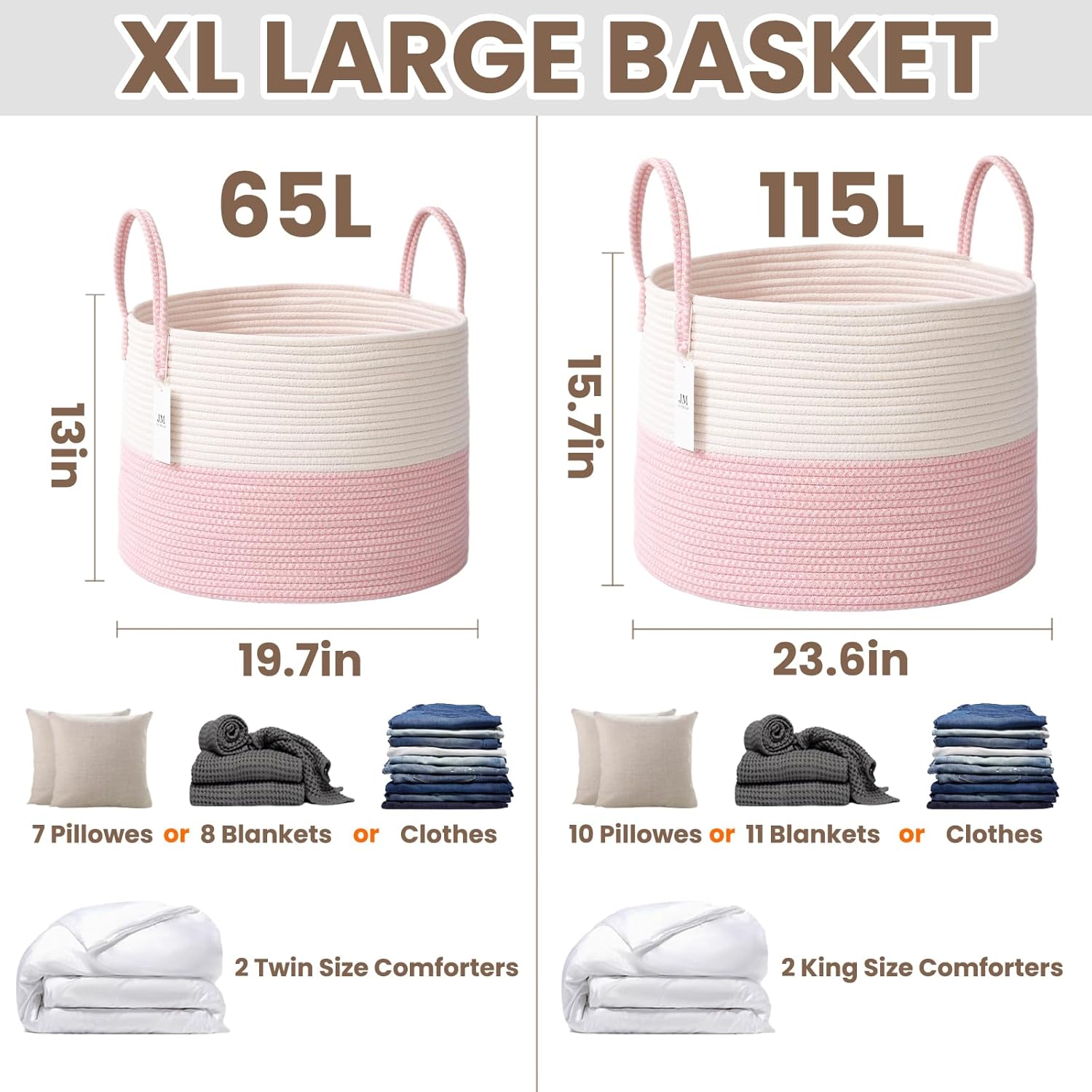65L Extra Large Blanket Basket for Living Room - Woven Cotton Rope Laundry Hamper with Reinforced Handles - Storage Bin for Pillows, Comforters & Toys - Machine Washable,Black&Grey