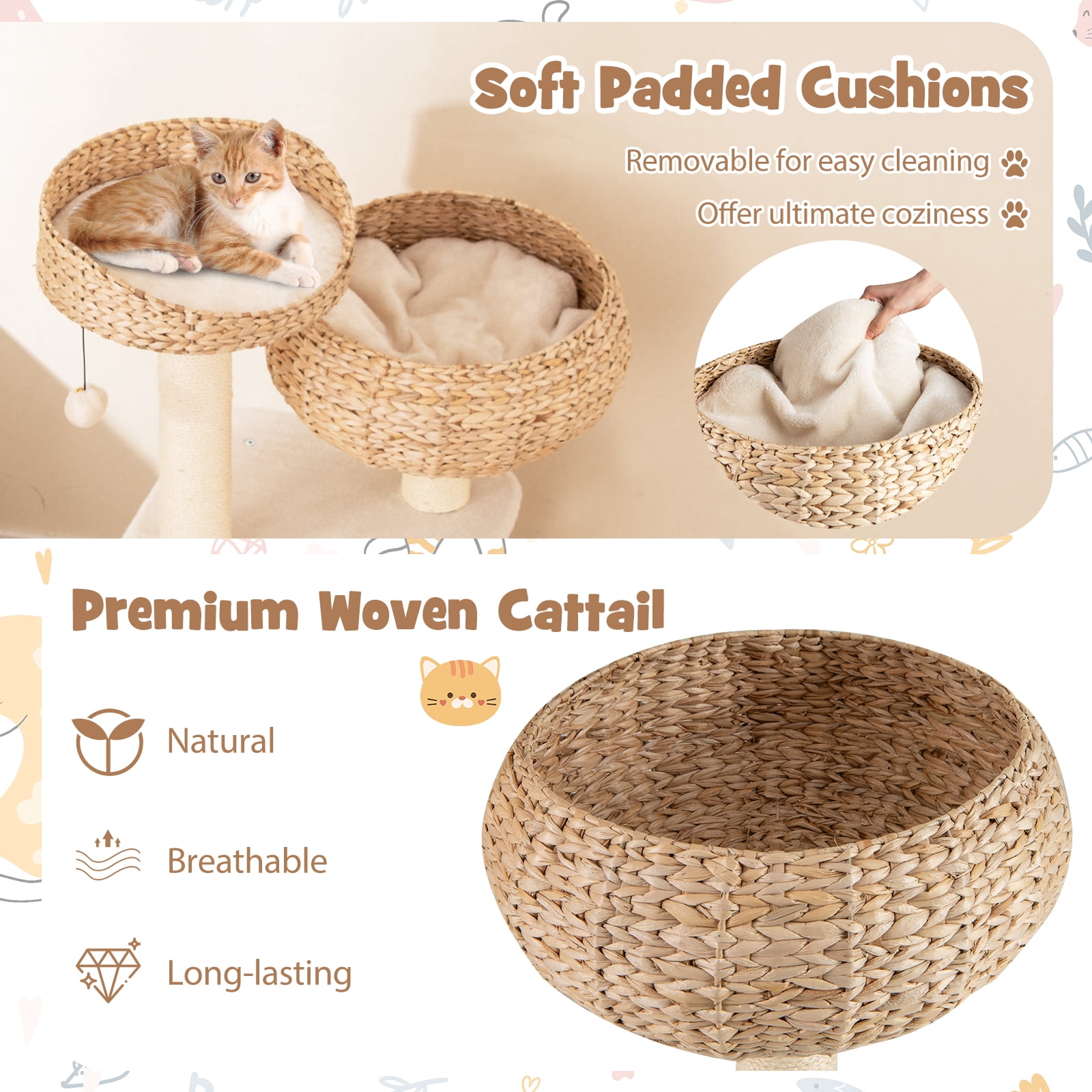 Gymax 41'' Hand-Made Cat Tree Tower Natural Bowl Shaped w/ 2 Perch