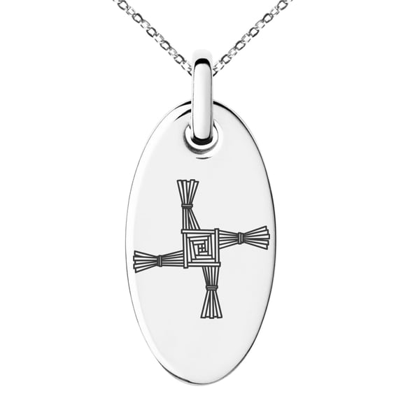 Stainless Steel Celtic Saint Brigid Cross Engraved Small Oval Charm Pendant Necklace