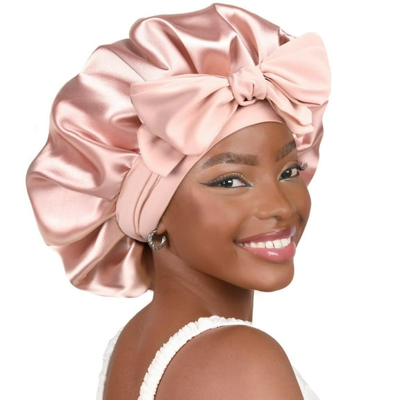 PEAKIN Silk Bonnet for Sleeping Women Pink Satin Bonnet Double Layer Satin Lined Hair Bonnet with Tie Band Curly Hair
