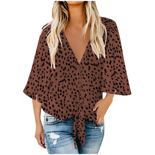 Moda mujer cuello en V estampado Tops 3/4 manga corbata nudo blusas botón abajo camisas Fridja czfsfas4104