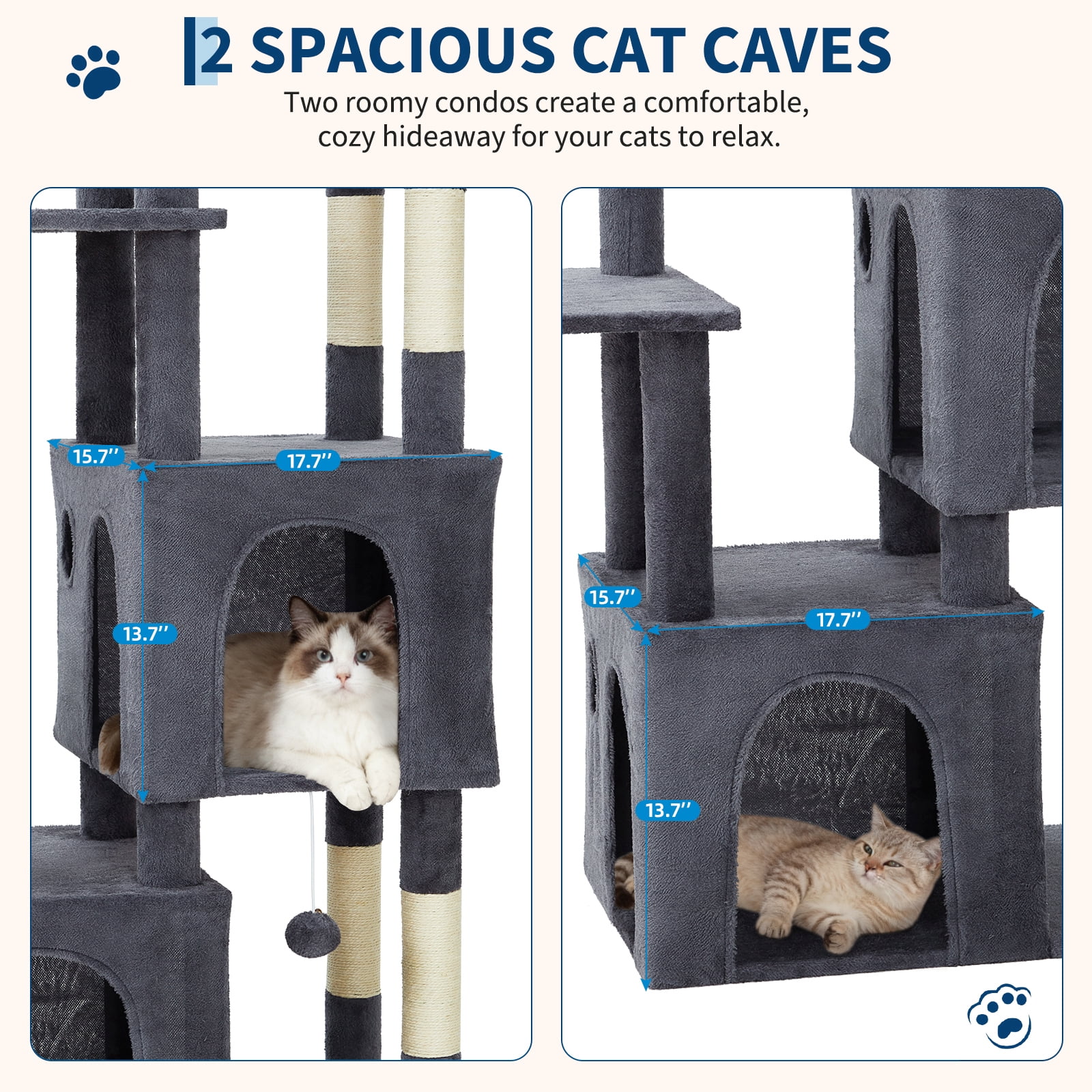 Babevy 61" Maine Coon Cat Tree, Heavy-Duty Tower with Extra-Large Perch, 2 Condos & 7 Sisal Scratching Posts for Large Indoor Cats