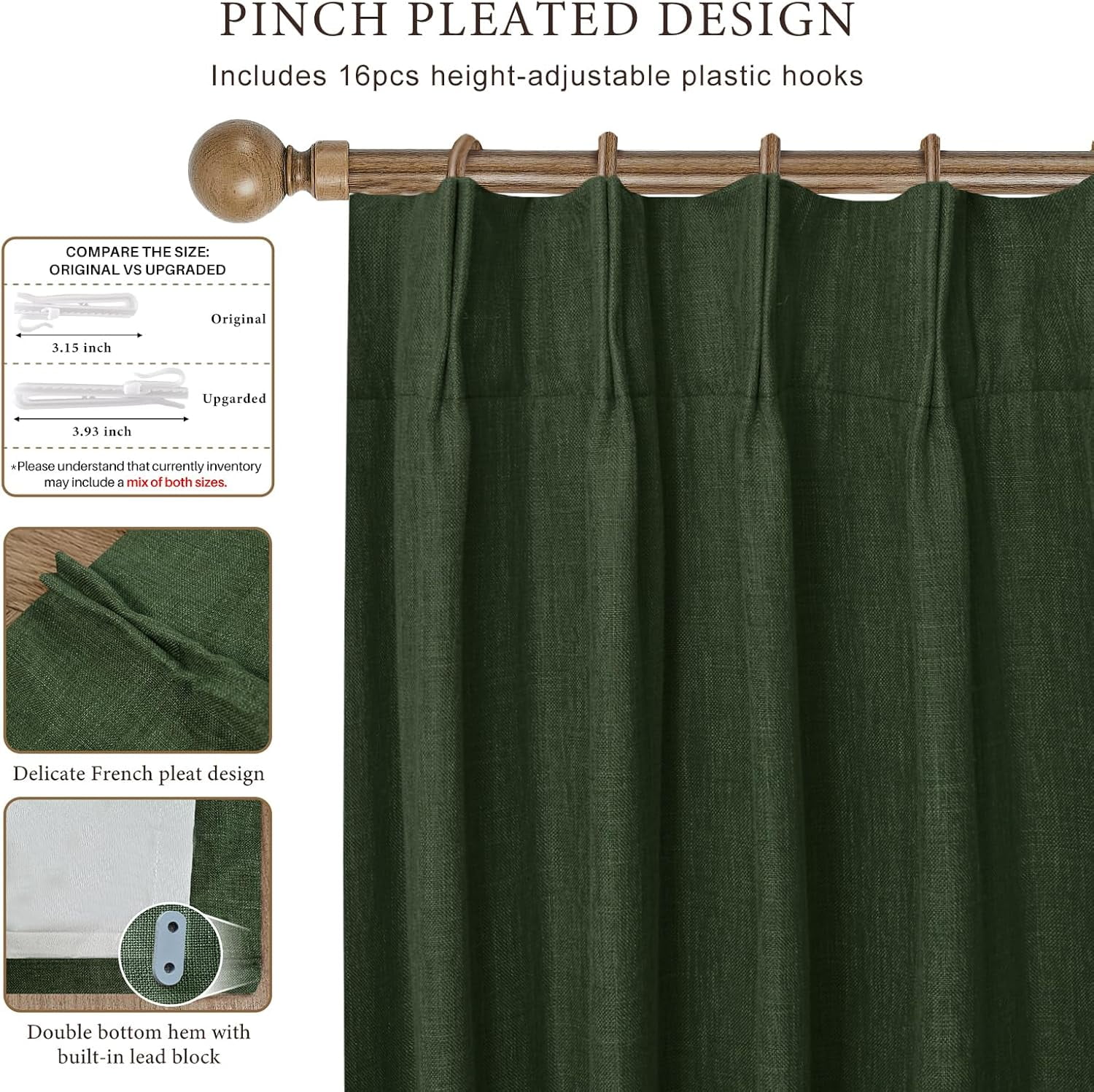 Galenzoov 40*108 inch Pinch Pleated Linen Curtains - 100% Black Out, Thermal Insulated Living Room Bedroom Curtain Double Layer Room Darkening Drapes with Hooks, 2 Panels, Olive Green
