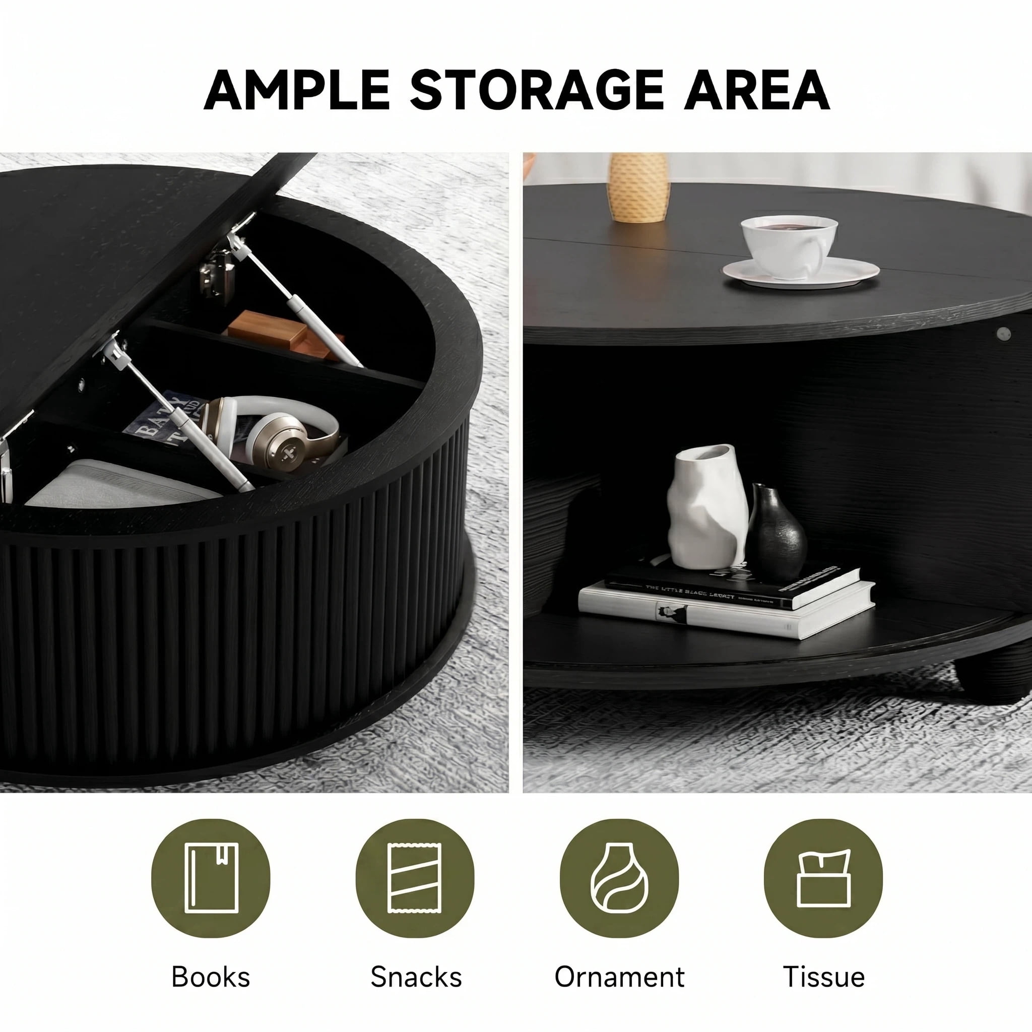 AISWORD 31.5" Fluted Round Coffee Table with Storage, Mid Century Modern Lift Top Drum Accent Table for Living Room Small Space, Black