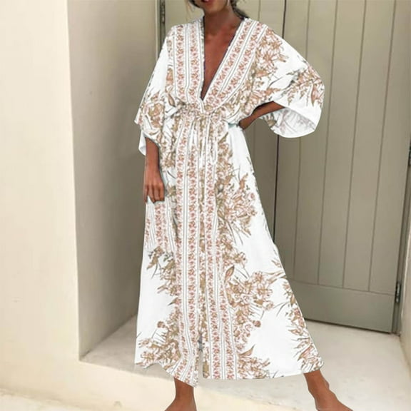 WJHWSX Womens Fall Dresses,Casual Dresses for Women,Fall Dresses for Women 2025,Long Sleeve,V Neck,Breathable,Printed,M(US:6)