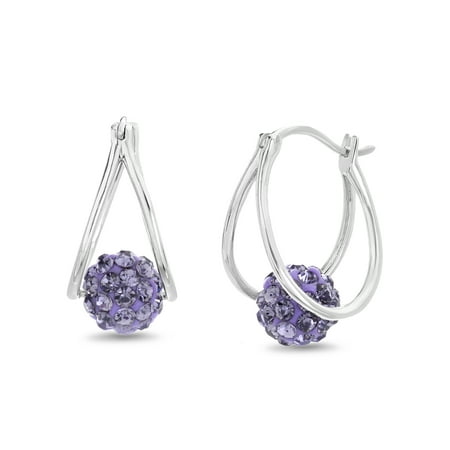 Lesa Michele Women's Purple Crystal Floating Fireball Double 20MM Hoop Earrings in Rhodium Plated Sterling Silver