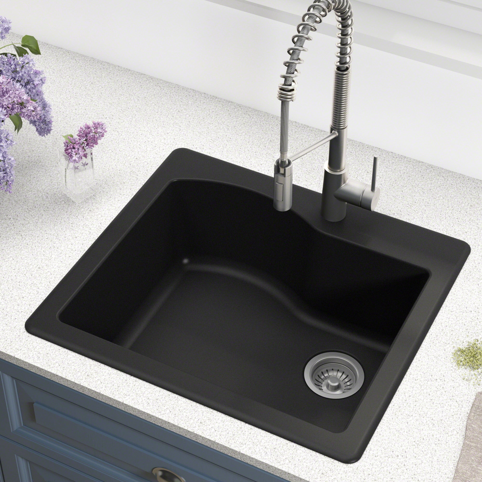 KRAUS Quarza 25 inch Dual Mount Single Bowl Granite Kitchen Sink and Strainer in Black