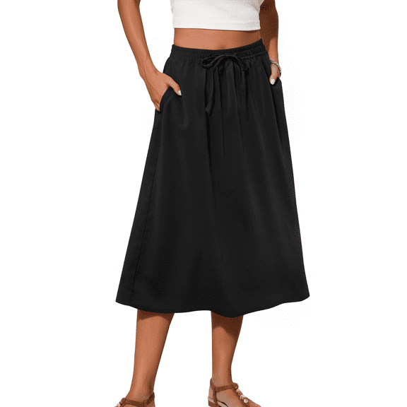 Fantaslook Womens Midi Skirts Elastic High Waist Skirt Flowy Trendy Skirts with Pockets