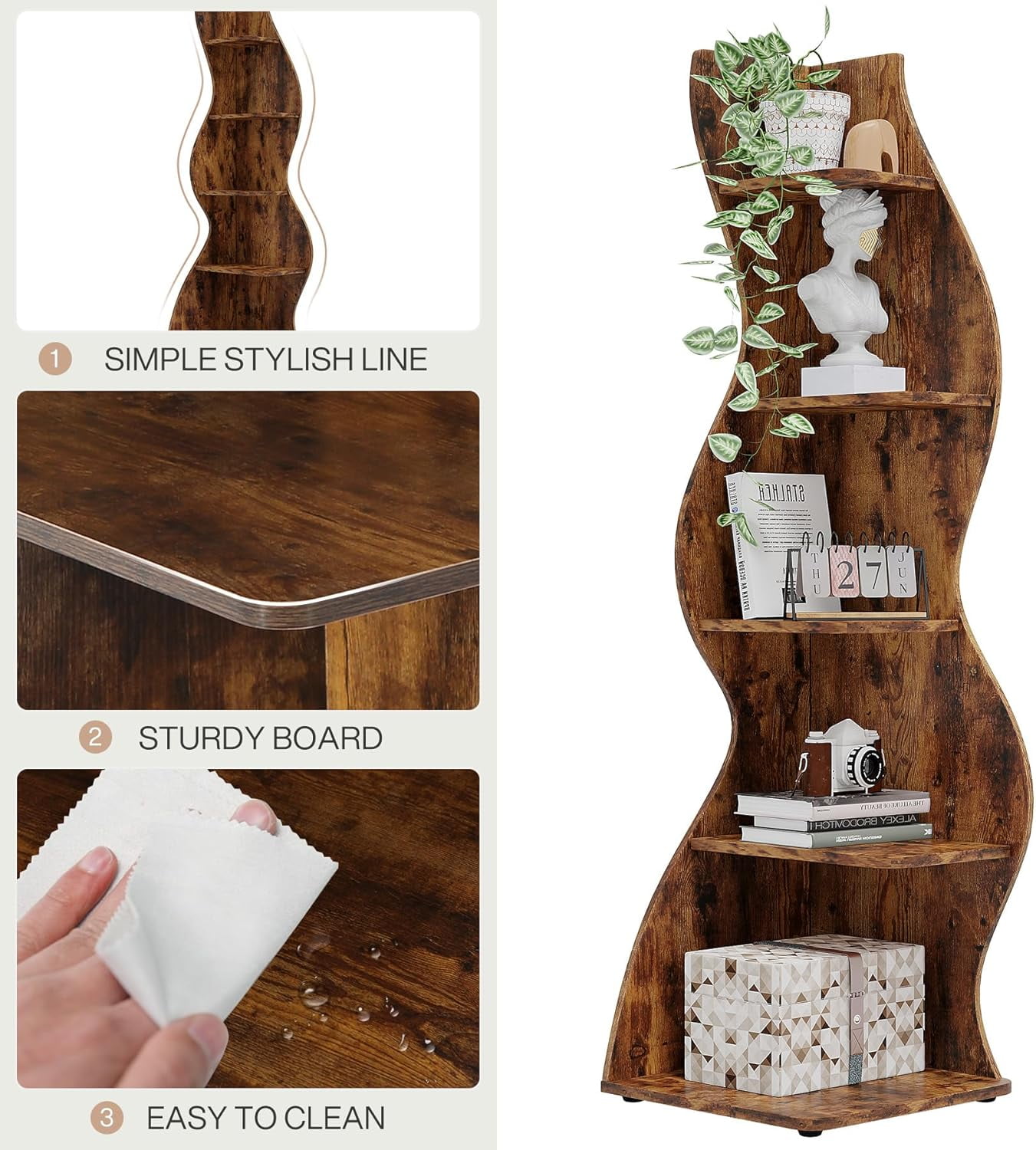 Tribesigns Small Corner Shelf, 5-Tier Modern Corner Bookcase for Small Space, Living Room (Brown)