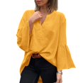 thumbnail image 4 of Women's Plus Size Cotton Linen Tunic, Long Sleeve V Neck Blouse with Flare Sleeve, Solid Color Loose Fit Top for Spring Summer Beach Casual Wear and Vacation Outfits Yellow L, 4 of 7