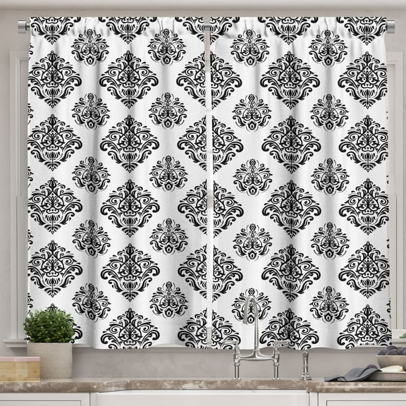 Ambesonne Abstract Kitchen Curtains, Eastern Damask Style Art, 55"x24", Black and White