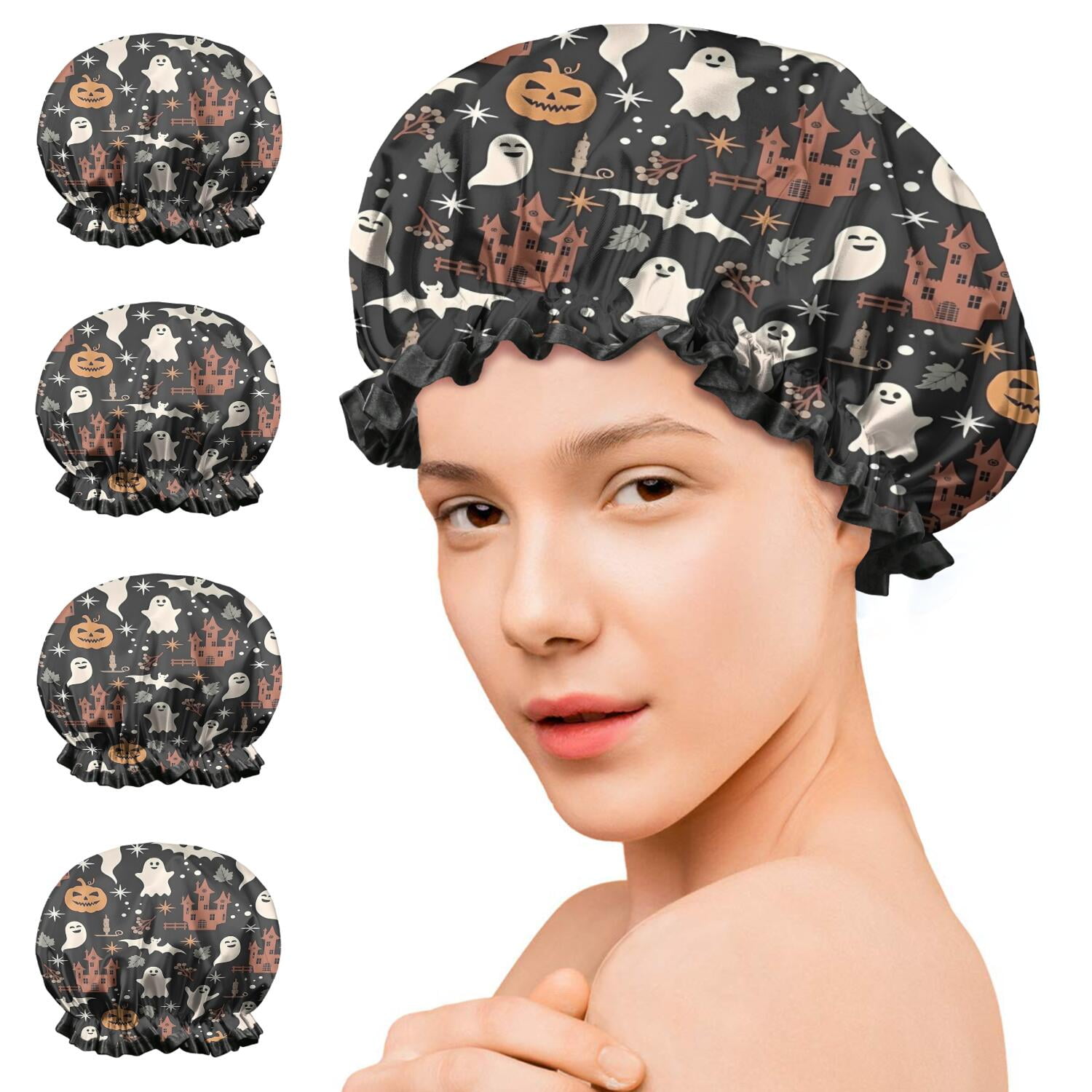 Shower Caps,Vintage Halloween Scene Pattern Waterproof Shower Cap for Women 4 Pieces,Double Reusable Hair Cover for Shower PEVA Elastic Stretch Hem