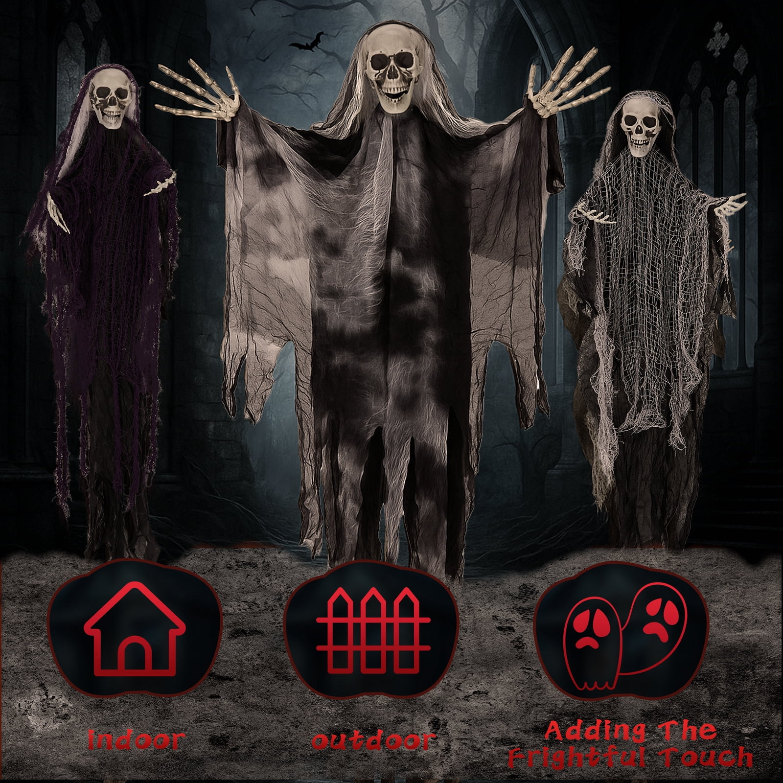 Astoutdoor 3 Pack Hanging Halloween Skeleton Ghosts Decorations, Grim Reapers for Outdoor Decor, 12.99 in